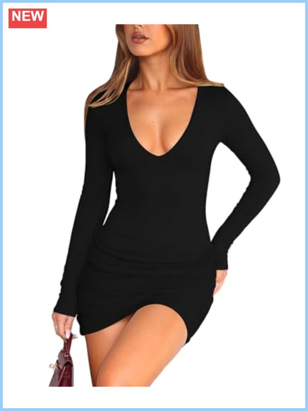 Sexy Long Sleeve Bodycon Mini Dress Deep V Neck Ruched Club Party Dress